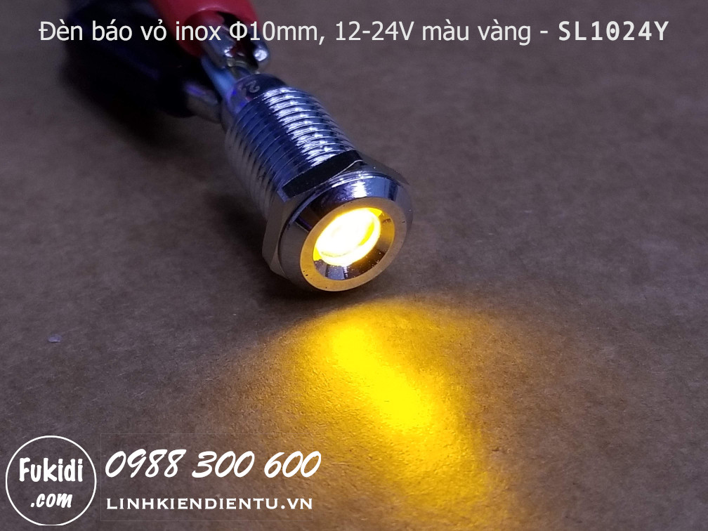 Đèn báo tín hiệu phi 10mm vỏ inox chống thấm, 12-24v màu đỏ SL1024R, xanh lá SL1024G,  xanh dương SL1024B và vàng SL1024Y