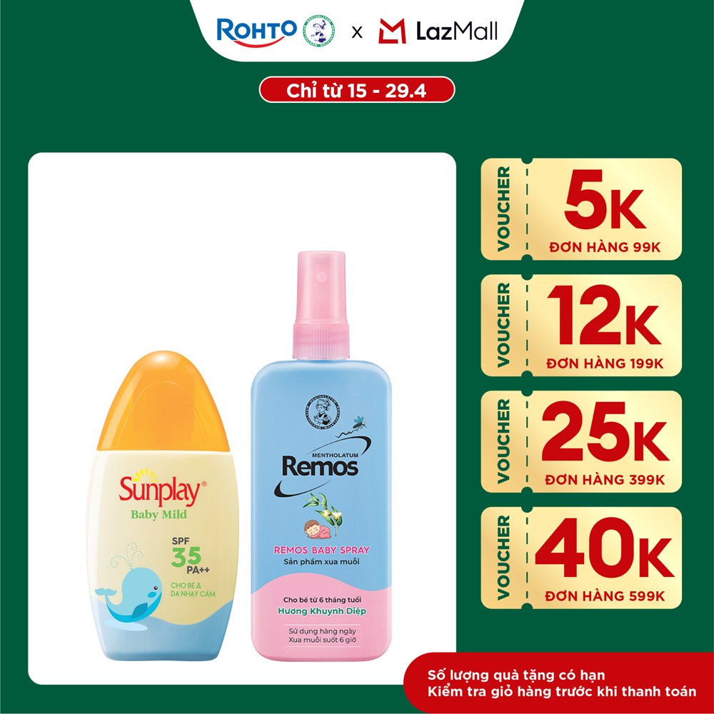 [VB] Combo sản phẩm chống nắng ngừa muỗi cho bé: Sữa chống nắng Sunplay Baby Mild 30g và Xịt chống muỗi cho bé từ 6 tháng tuổi  Remos 150ml