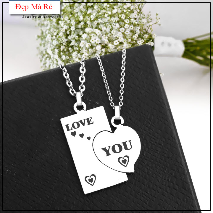 Dây chuyền cặp đôi inox Đẹp Mà Rẻ hình trái tim khắc chữ LOVE YOU và 5 trái tim màu trắng  Giá bán như trên là 1 cặp như hình - Cam kết 1 đổi 1 nếu hoen , gỉ sét