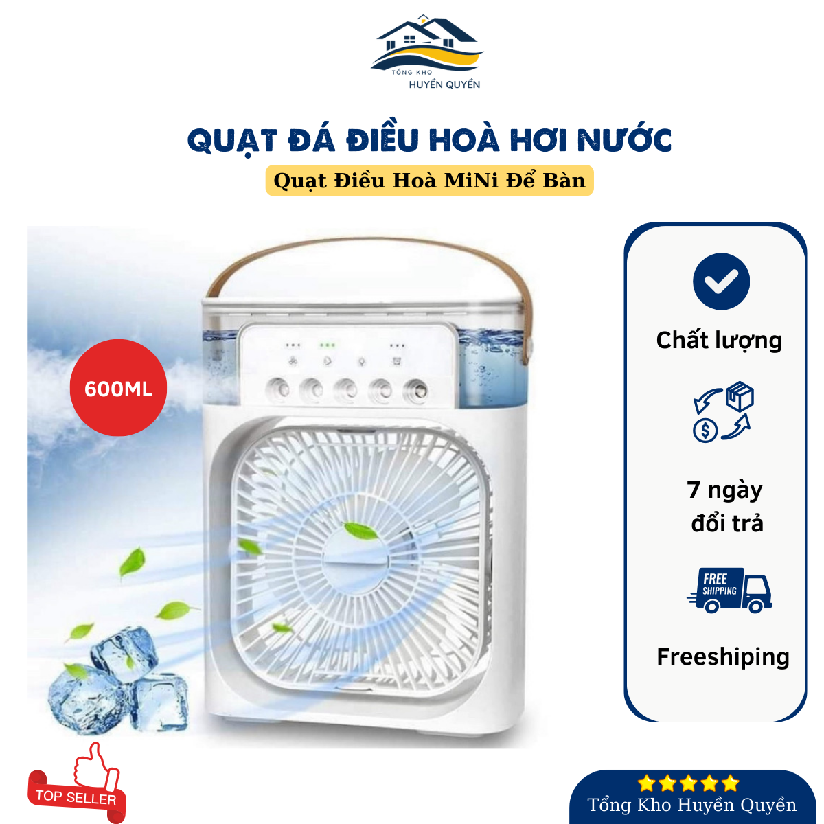 Quạt đá điều hòa hơi nước mini để bàn, quạt điều hòa mini có khay chứa đá 600ml - tongkhohuyenquyen