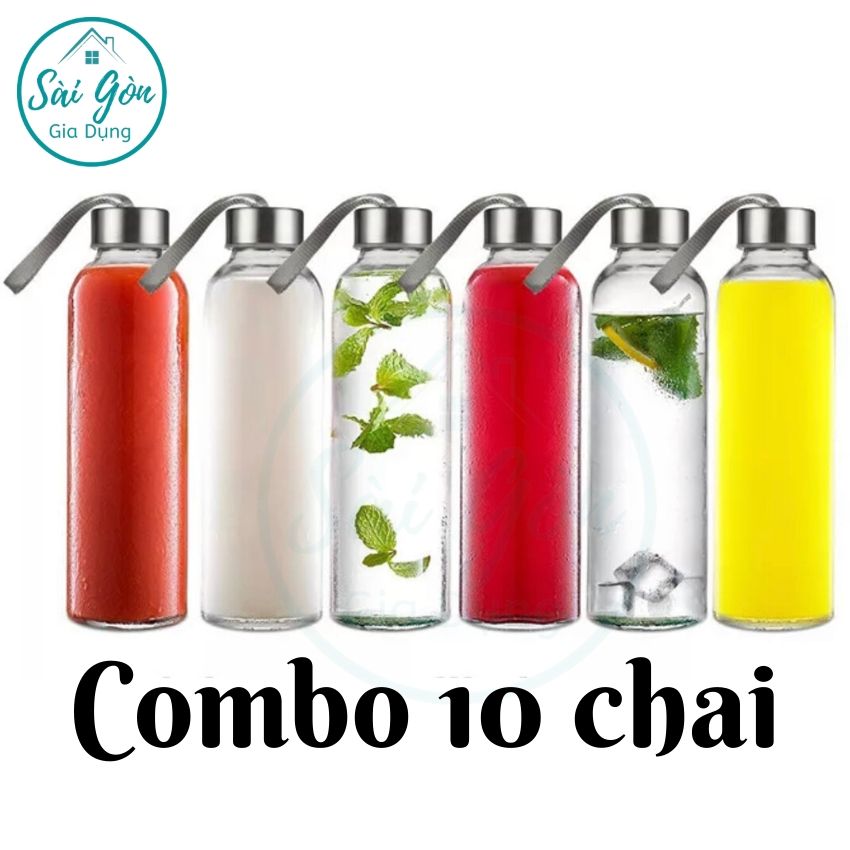 [HCM](Combo 10) Bình chai đựng nước thuỷ tinh có nắp kèm dây xách dung tích 500ml  500 ml SG-C500-10