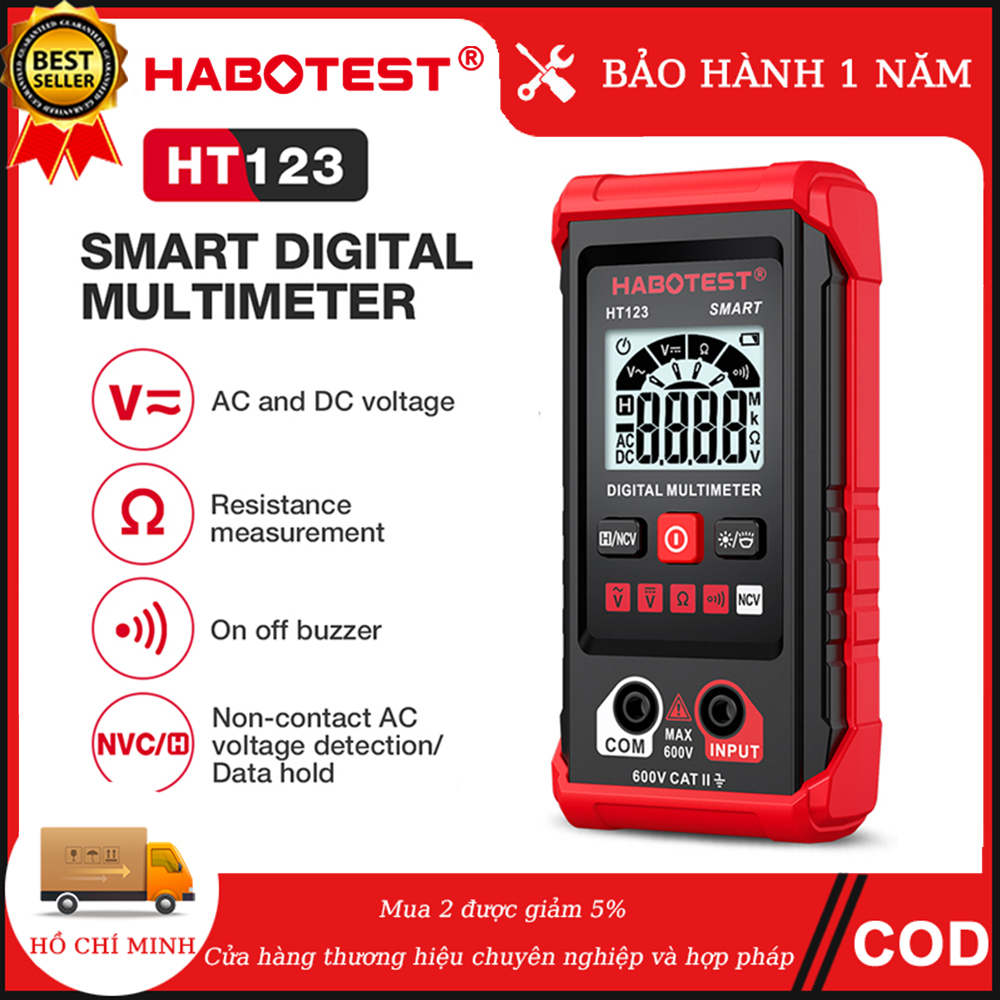 【Ship from Binh Duong HABOTEST HT123  Smart Digital Multimeter High Precision Auto Range Multimeter NCV AC DC Voltage Resistance Continuous Tester with Backlight