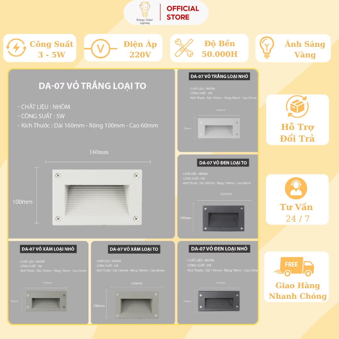 Đèn Led âm Tường Chân Cầu Thang , Thân Chân Tường , Chống Nước DA-07 - Mặt nhôm chống rỉ ô xi hoá