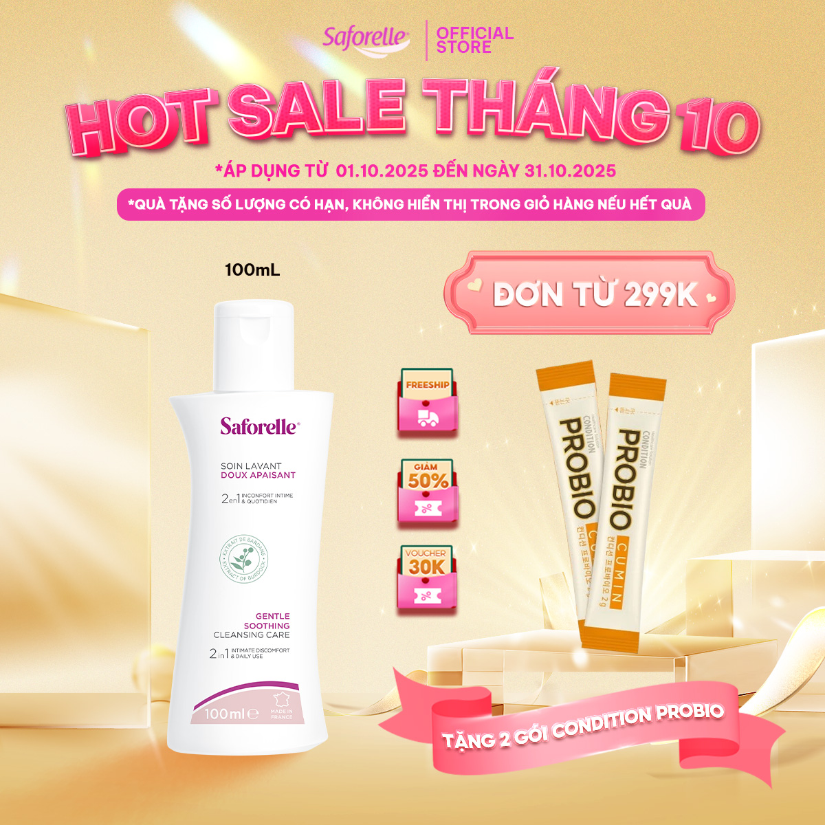 Dung dịch vệ sinh phụ nữ Saforelle Gentle Cleansing Care cao cấp hỗ trợ làm sạch, khử mùi vùng kín 100ml