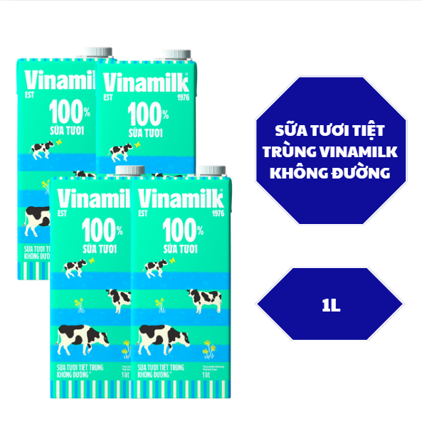 Combo 4 Hộp Sữa Tươi Tiệt Trùng Vinamilk Không Đường - Dung Tích 1L