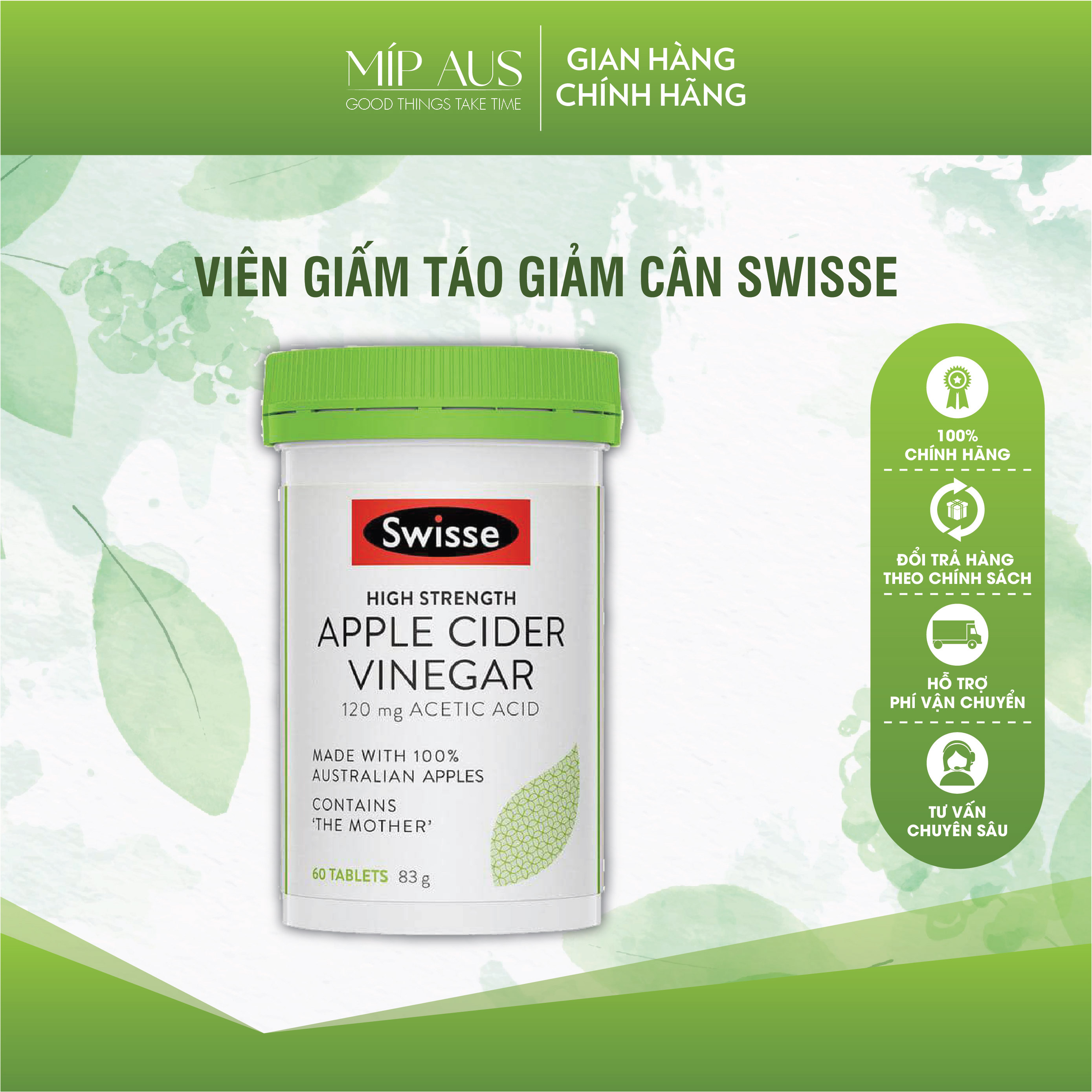 Viên uống giảm cân giấm táo - swisse apple cinder vinegar - 60 viên