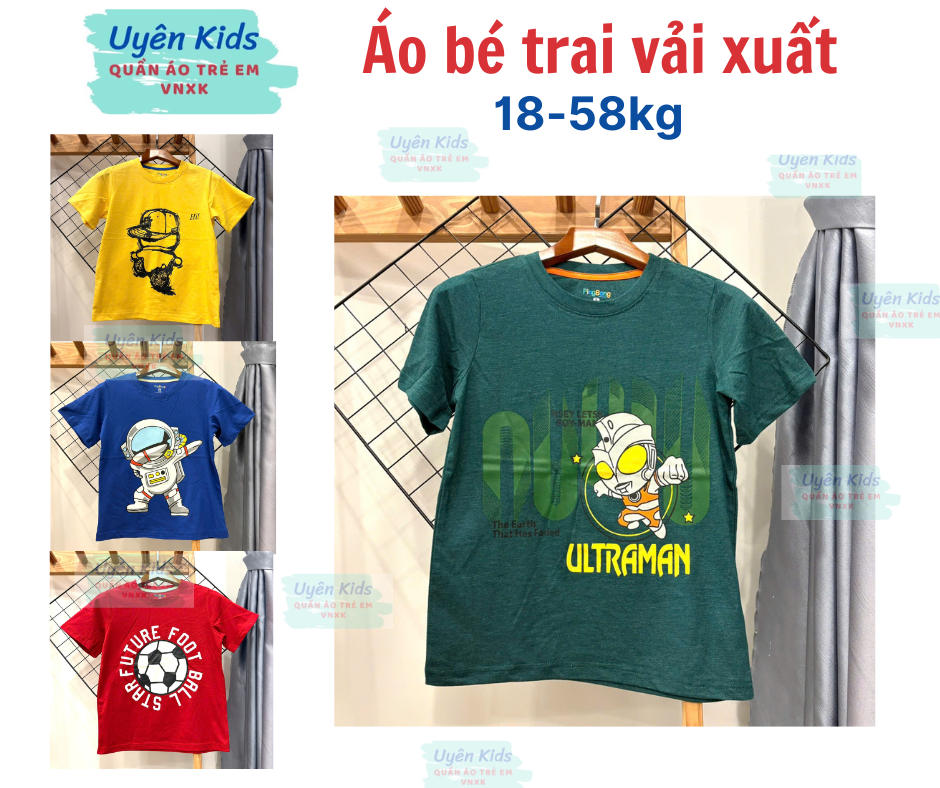 18-58kg Áo thun vải xuất VNXK hoạt hình cho bé trai 4-16 tuổi áo ngắn bé trai áo xuất dư hình khủng long cá mập ván trượt cờ Mỹ xe đua siêu nhân...