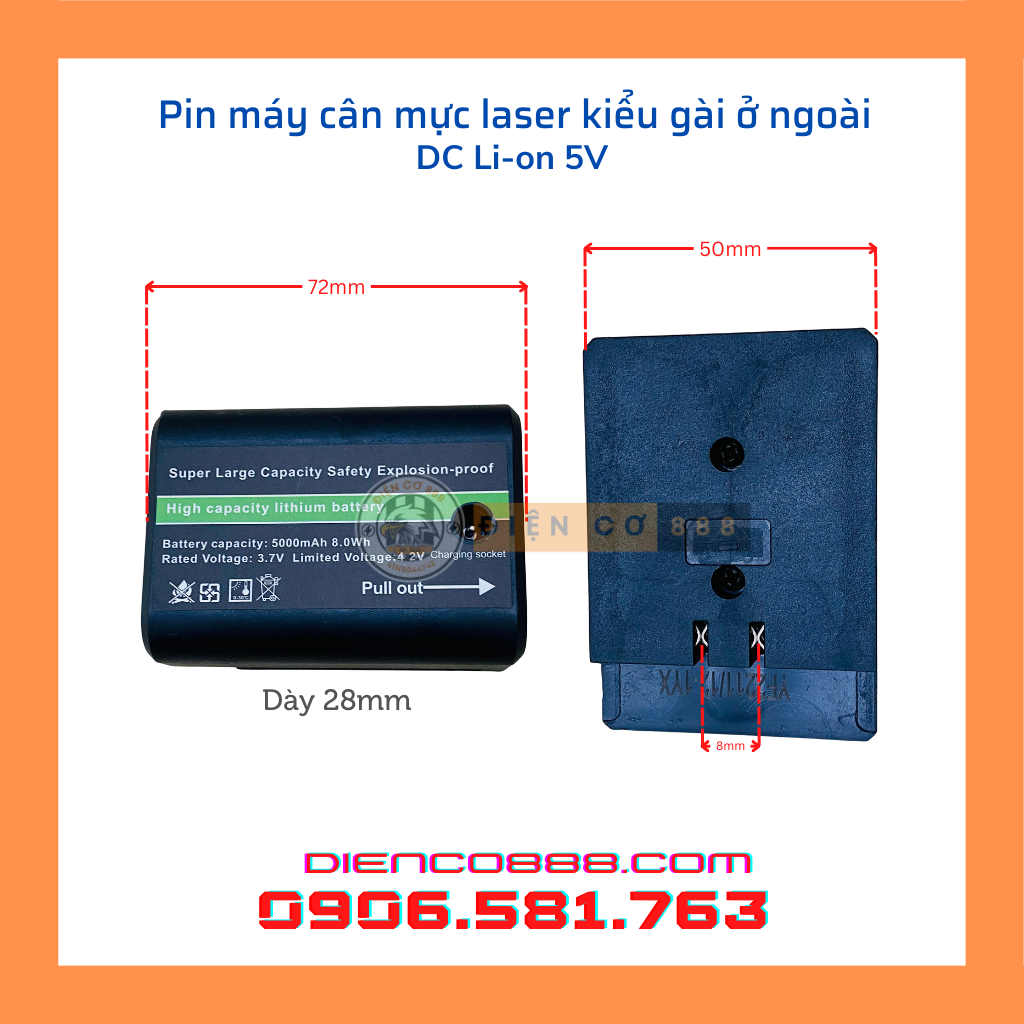 Pin gài máy cân mực laser 2 chân khoảng cách 8mm gắn bên ngoái máy 5.0 Ah 4.2V Max