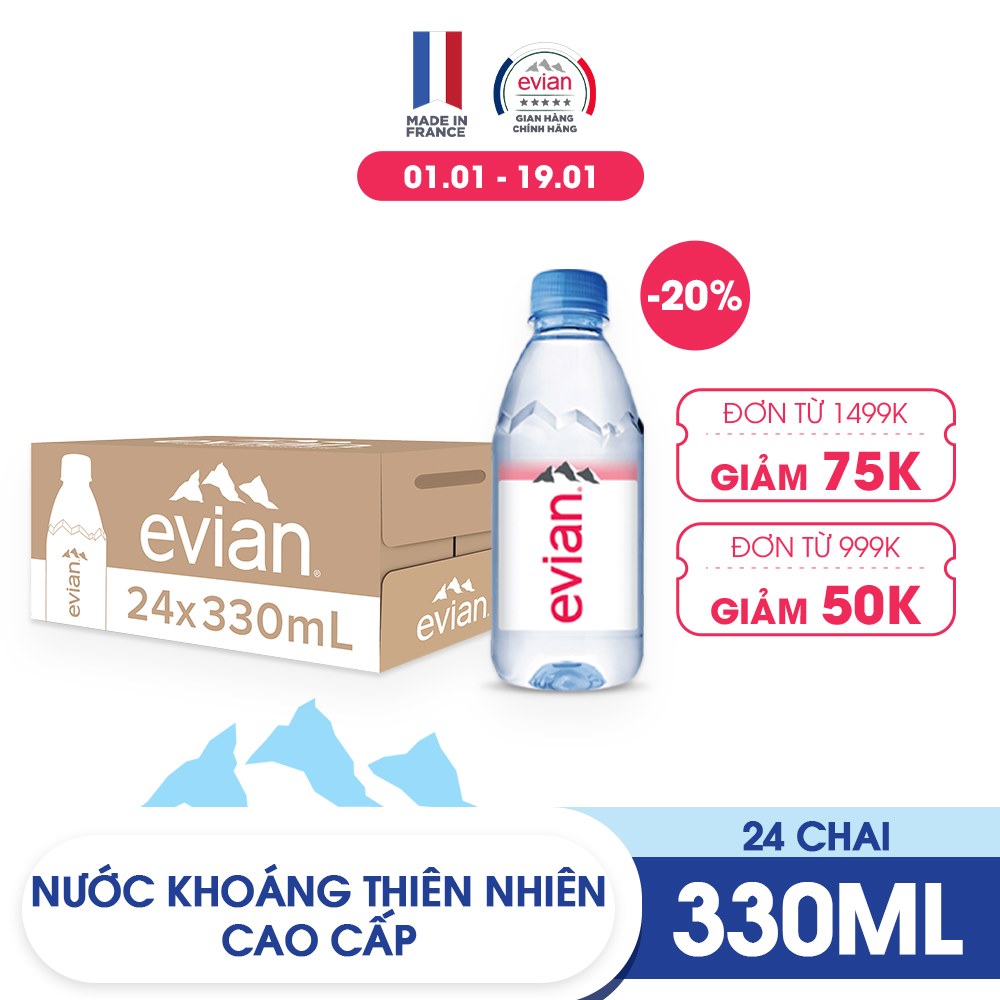 Thùng 24 chai nước khoáng thiên nhiên Evian 330ml