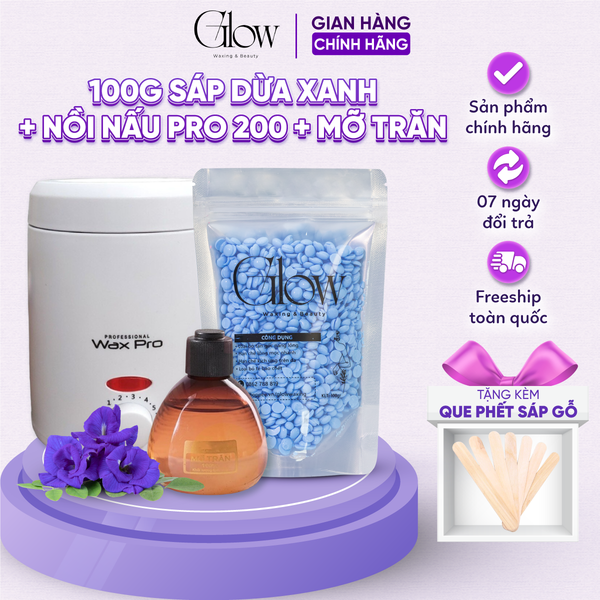 Combo 100gr sáp dừa xanh + nồi nấu sáp wax lông chống dính mini glow waxing + mỡ trăn nstore tặng que che tên sản phẩm