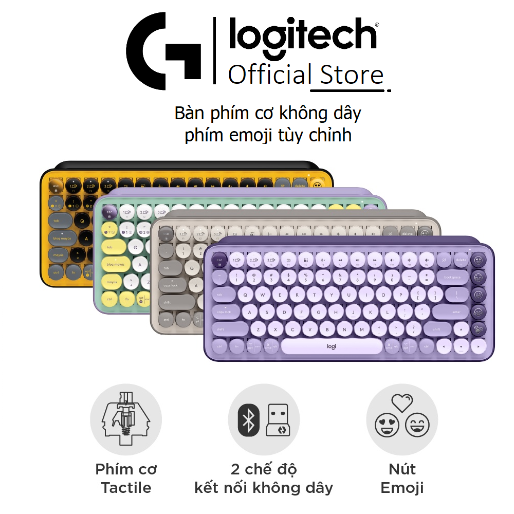 Bàn phím cơ không dây Logitech POP KEYS Kết nối Bluetooth/Usb, Phím emoji có thể tùy chỉnh