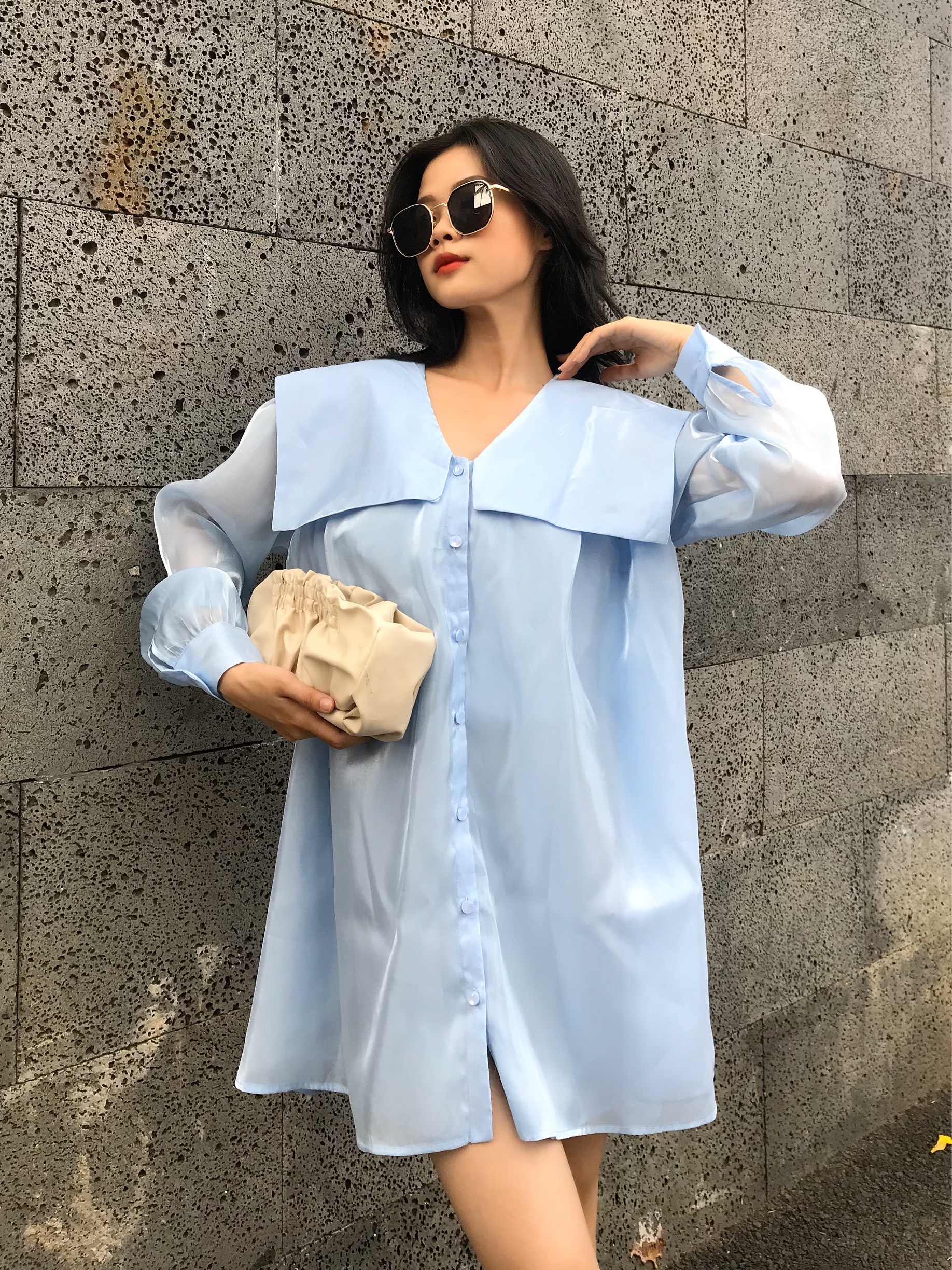 OLALASTUDIO Đầm sơmi cách điệu Sarah Deep Blue Dress