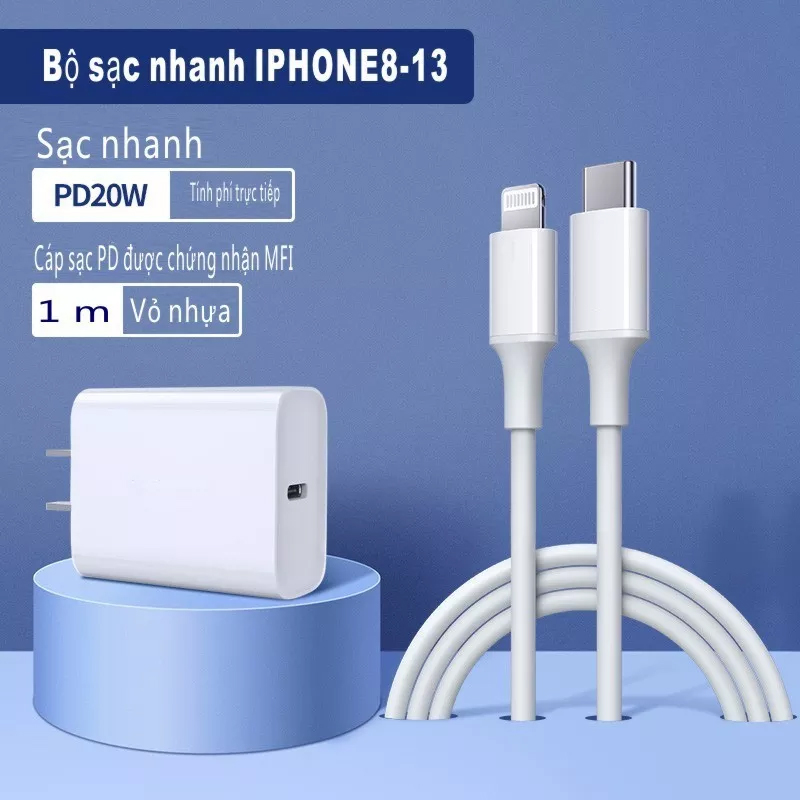 Bộ sạc nhanh iphone 20w, sạc iphone củ sạc và cáp type c to lightning dành cho sạc dùng iphone 7 đến 13 cao cấp, không dây tổn hại đến điện thoại và pin, sạc iphone, củ sạc nhanh, cáp sạc nhanh iphone, hd tech