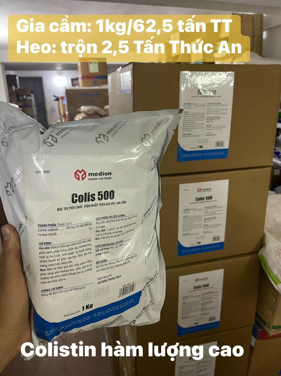 Trị tiêu chảy COLIS 500 của Greenpharma hàm lượng cao, ỉa chảy nặng, viêm ruột trên gia súc, gia cầm.