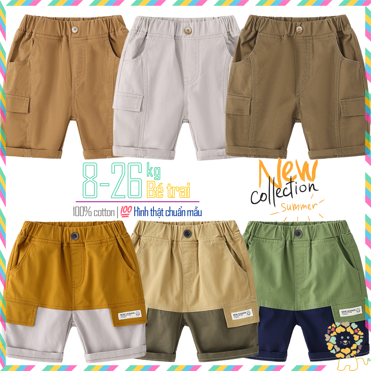 Quần Kaki bé trai WELLKIDS quần short cho bé họa tiết phối màu nổi bật hàng xuất Âu Mỹ