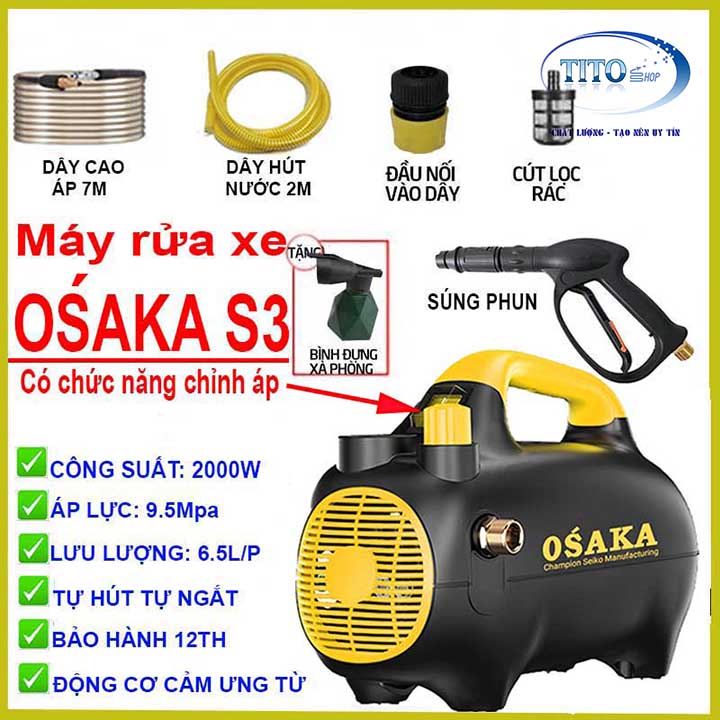 Máy xịt rửa xe Osaka S3 - 2000W -Tặng bình bọt tuyết - Bảo hành 12 tháng