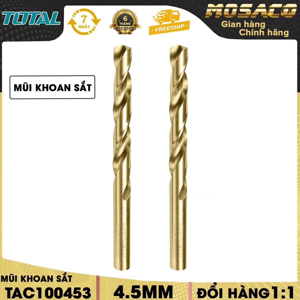 Mũi khoan sắt TOTAL TAC100453 đường kính 4.5mm. Mũi khoan tuổi thọ cao khi được bảo quản và sử dụng đúng cách, dùng để khoan sắt, khi sử dụng với máy khoan tốt cho đường nét khoan đẹp và chất lượng- Mosaco Tools