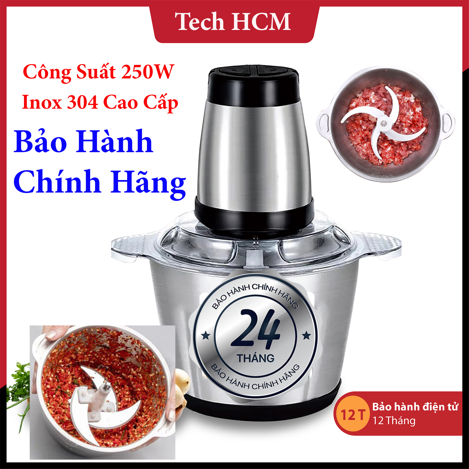 Máy Xay Thịt Đa Năng Cối xay thịt Inox 304, Máy xay đa năng Dung tích 2L, 4 Lưỡi dao bằng thép công suất 250W