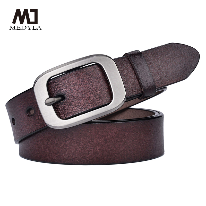 Medyla thắt lưng da thật cho phụ nữ hợp kim bạc khóa thắt lưng nâu nữ 2.8cm thắt lưng bản nhỏ phụ nữ dây đeo quần dây thắt lưng