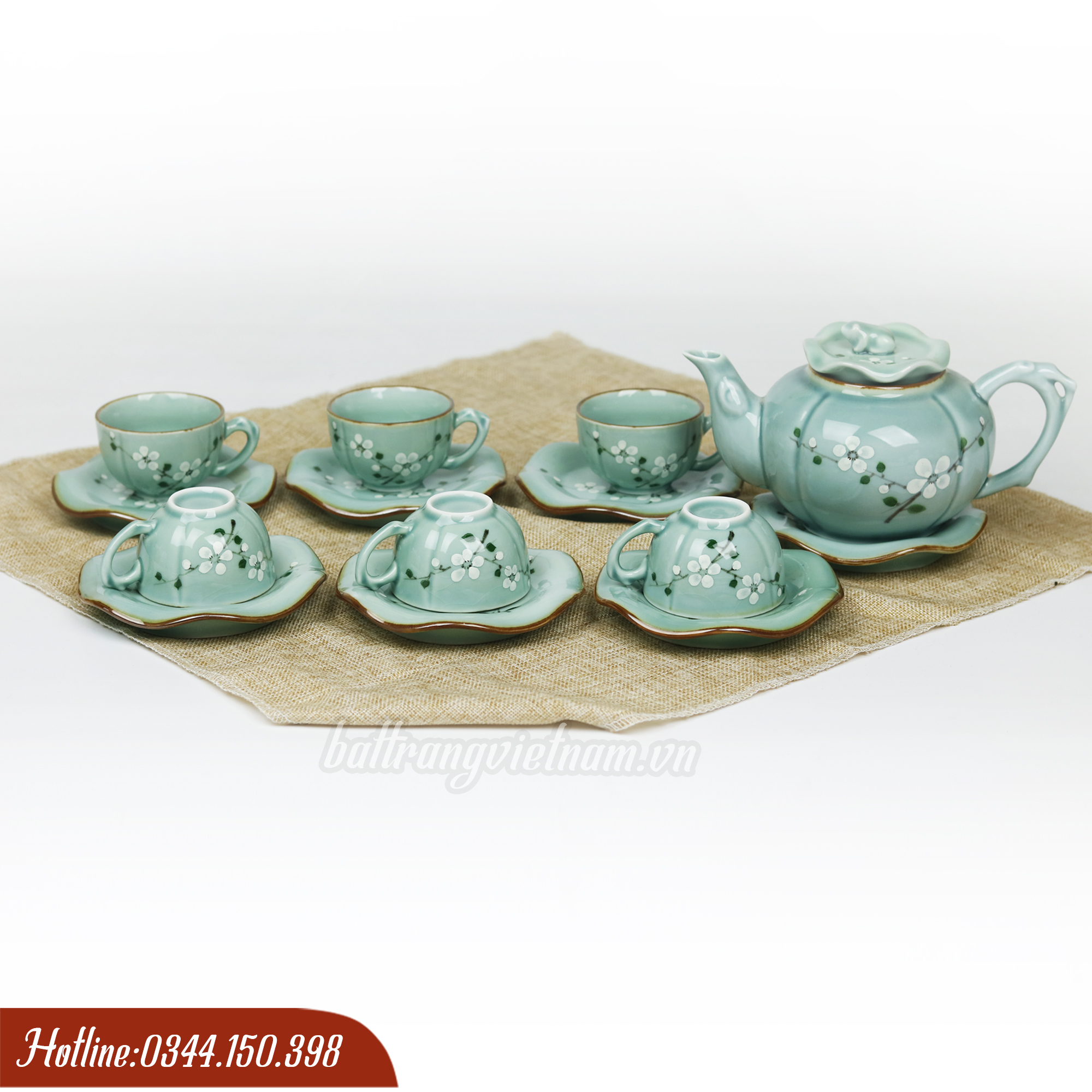 Bộ ấm chén Bát Tràng men Lam Ngọc dáng quả bí