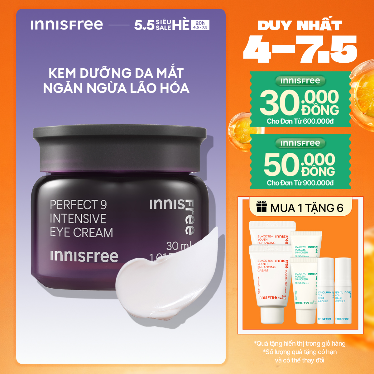 Kem dưỡng vùng da mắt ngăn ngừa lão hóa chuyên sâu INNISFREE Perfect 9 Intensive Eye Cream 30 mL