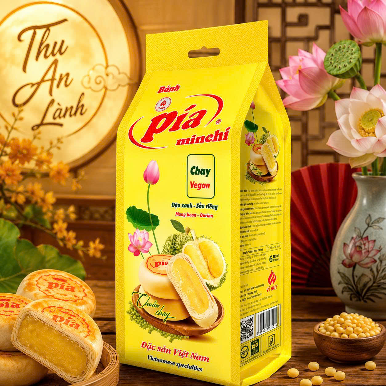 Minchi Bánh Pía Thuần Chay Đậu Xanh Sầu Riêng Đặc Biệt 300g (50g x 6 cái/Túi) Bánh Pía Vĩ Huy