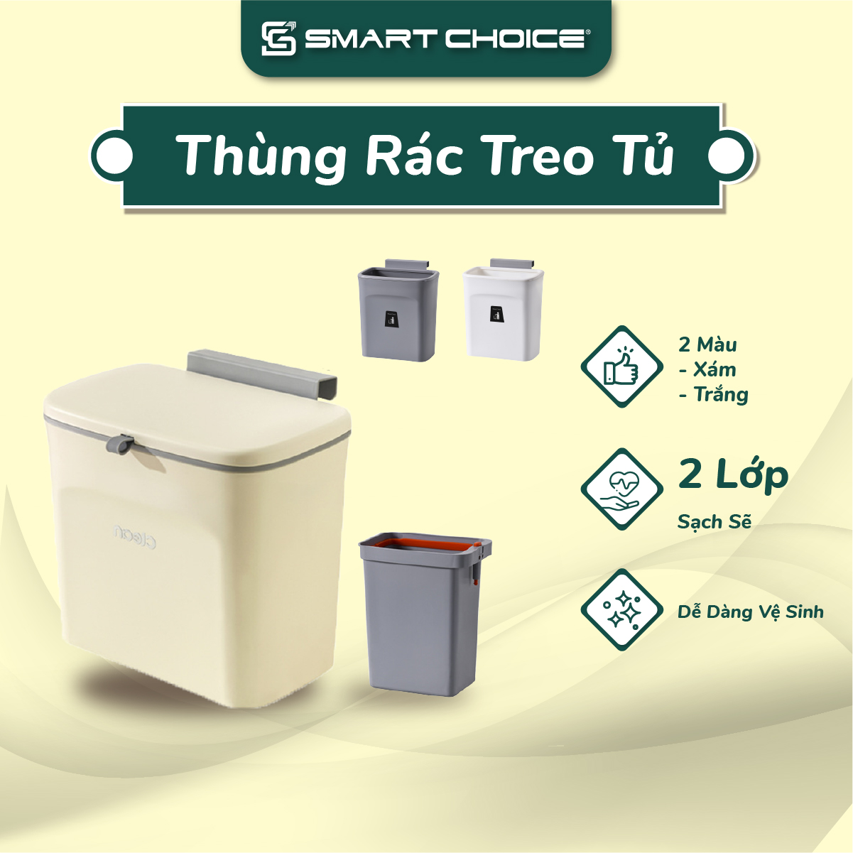 Thùng đựng rác smartchoice treo cánh tủ bếp – nắp trượt tiện dụng – thùng đựng rác kèm ruột tách rời có quai xách