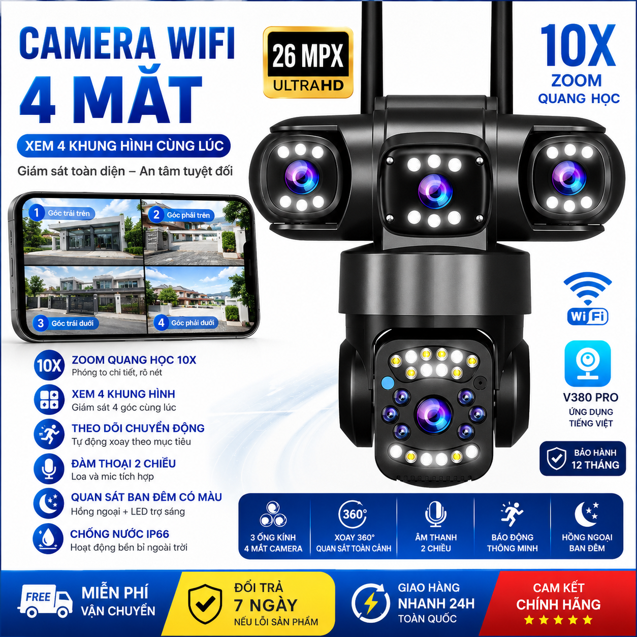 Camera Yoosee 4 Mắt 4 Màn Hình Kép Zoom 10X Ultra – Mẫu mới nhất 2025 – Độ phân giải Full HD 3 góc quay góc rộng – Xem đêm có màu, đàm thoại 2 chiều