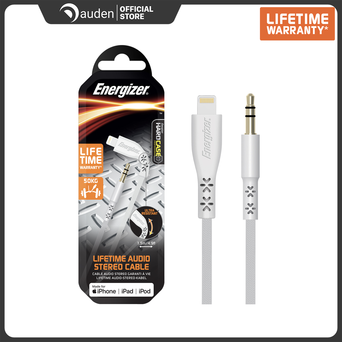 Cáp Lightning Lifetime Warranty Audio Energizermàu trắng - C41EUJALIHT