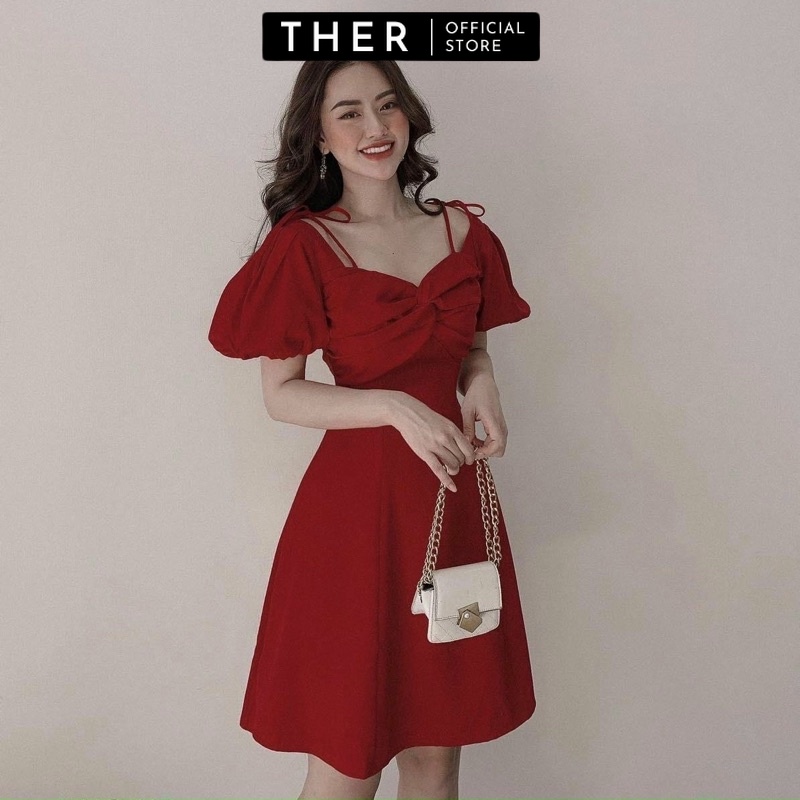 Đầm váy nữ đi tiệc maxi xoắn ngực nơ thắt dây vai ôm eo form ngắn tay phồng bo chun màu đỏ