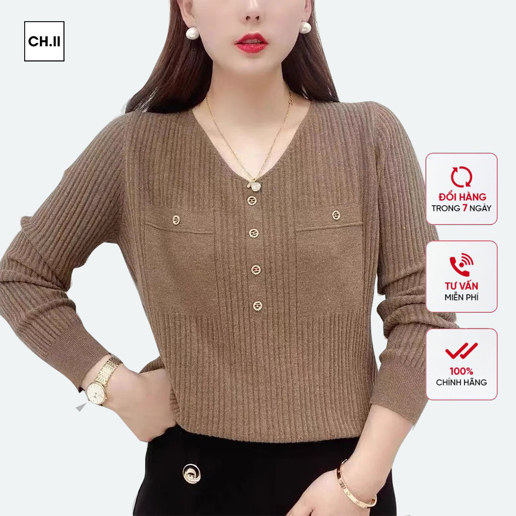 Áo len trung niên nữ hàng quảng châu - cổ tim dài tay chất mềm mịn co giãn thoải mái chiiqc100