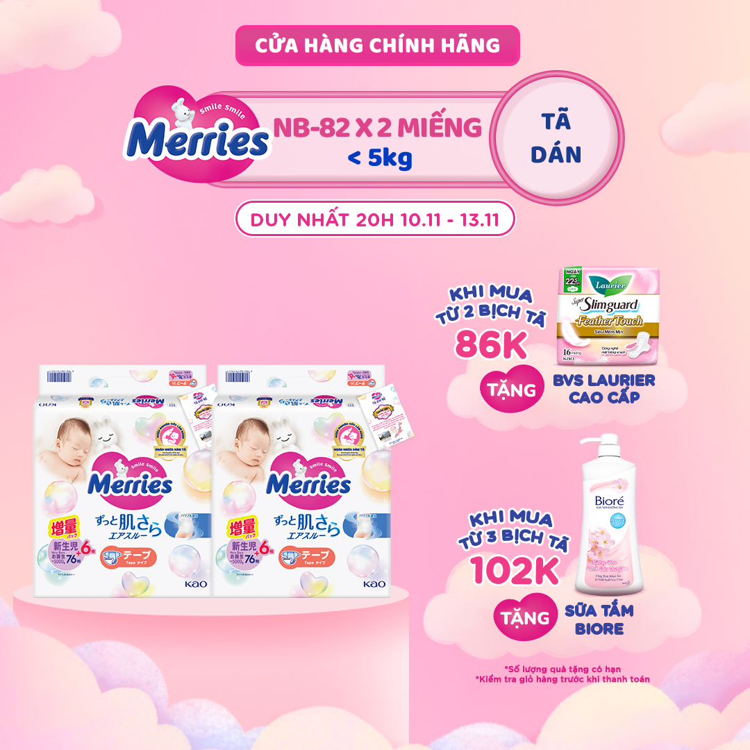 Thùng 2 Tã/bỉm dán Merries cộng miếng đủ size NB82/S76/M60