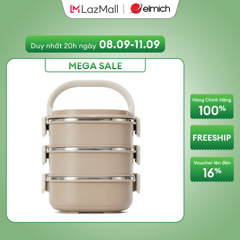 (Duy nhất từ 25-29.09)Hộp cơm 3 tầng inox 304 Elmich EL8388 dung tích 2.1L