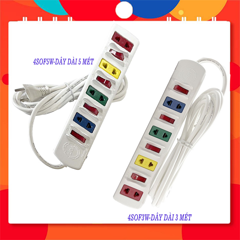 Ổ cắm điện lioa phổ thông, 2200w, 4 ổ cắm 2 chấu, 4 công tắc, dây dài 3m - 5m, 4sof3w - 4sof5w, màu trắng