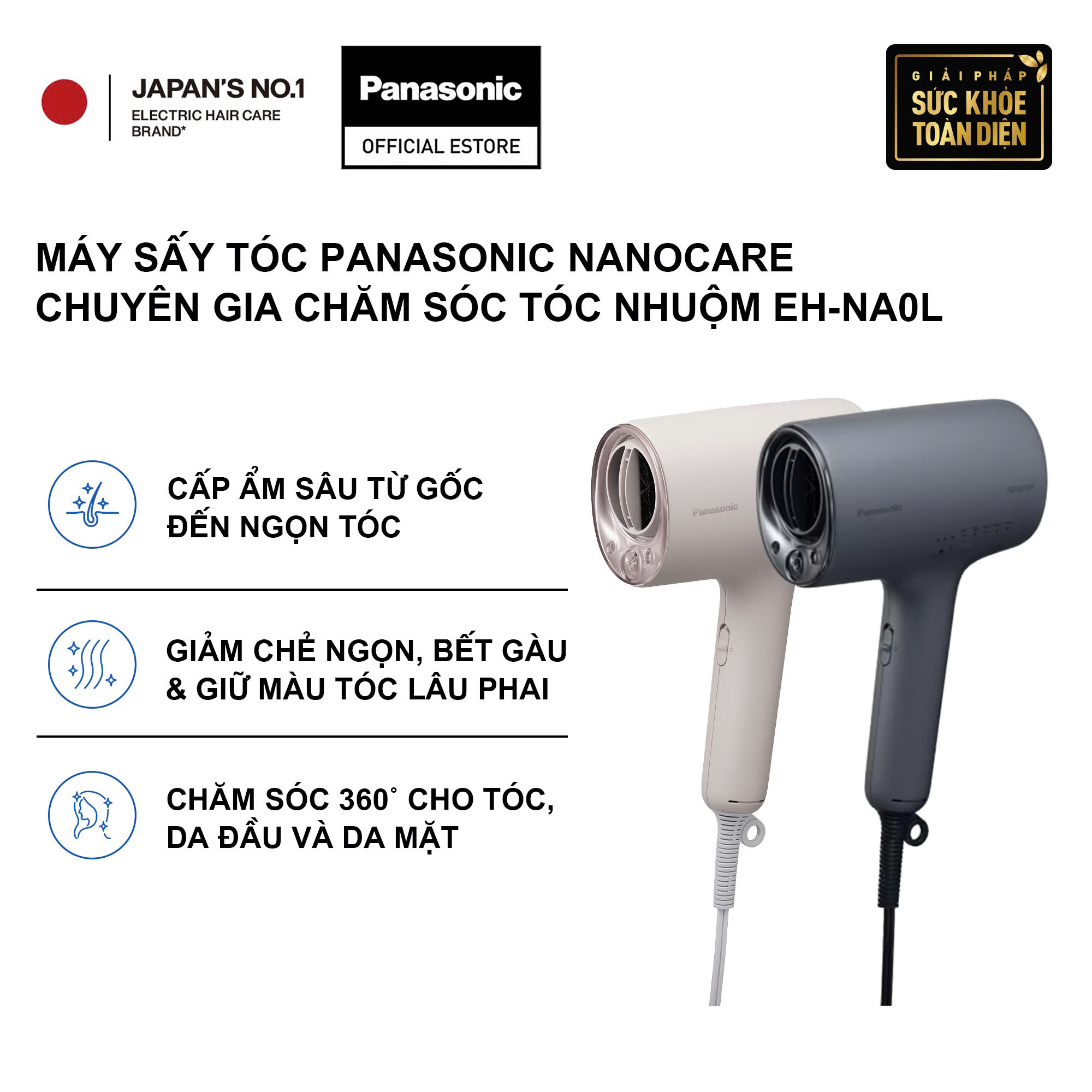 [Chính hãng] Máy sấy tóc Panasonic Nanocare chuyên gia chăm sóc tóc nhuộm EH-NA0L - Cấp ẩm, giảm khô, giữ màu tóc