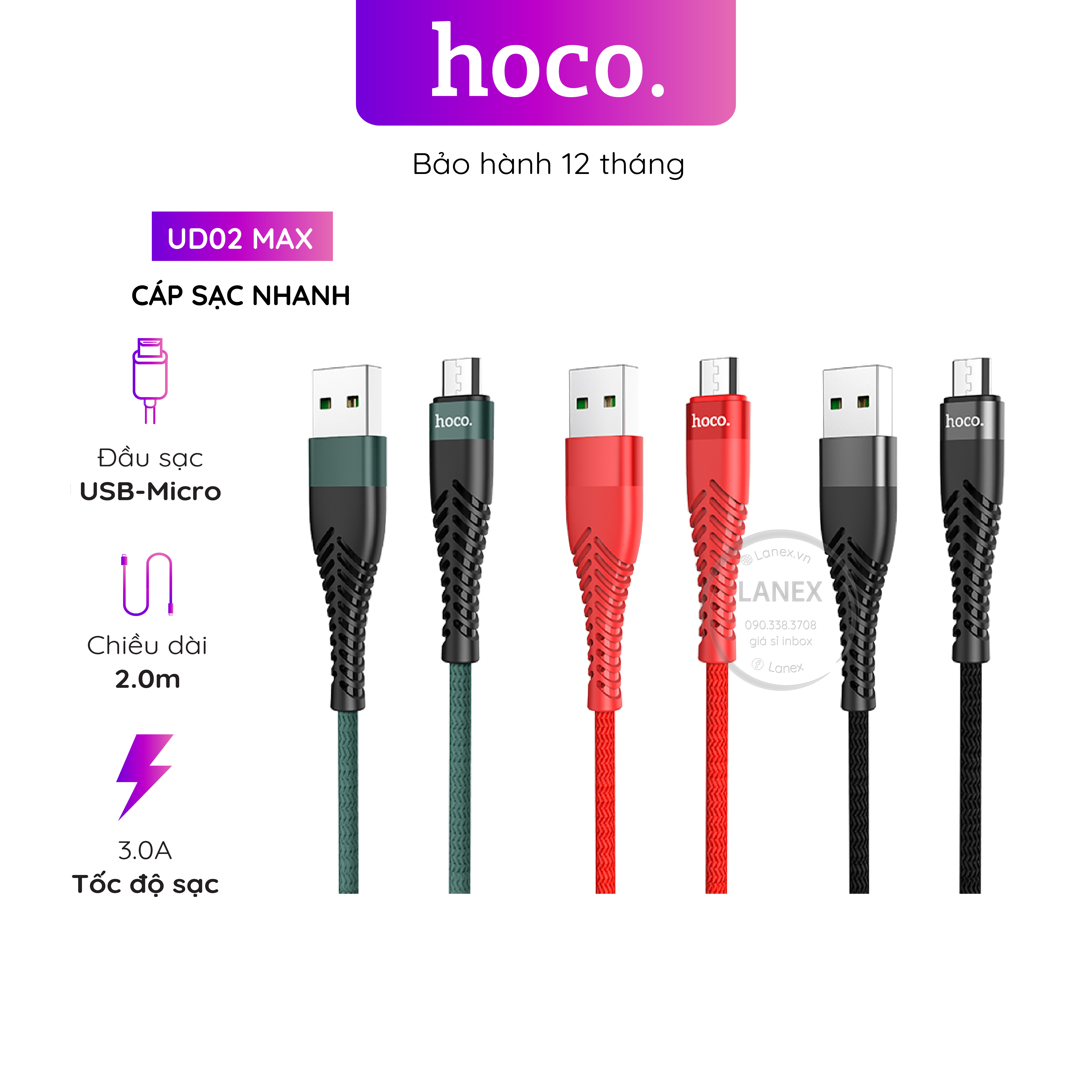 Cáp Sạc Nhanh Hoco Ud02 Max Dây Dù Micro 3.0a Dài 2.0m