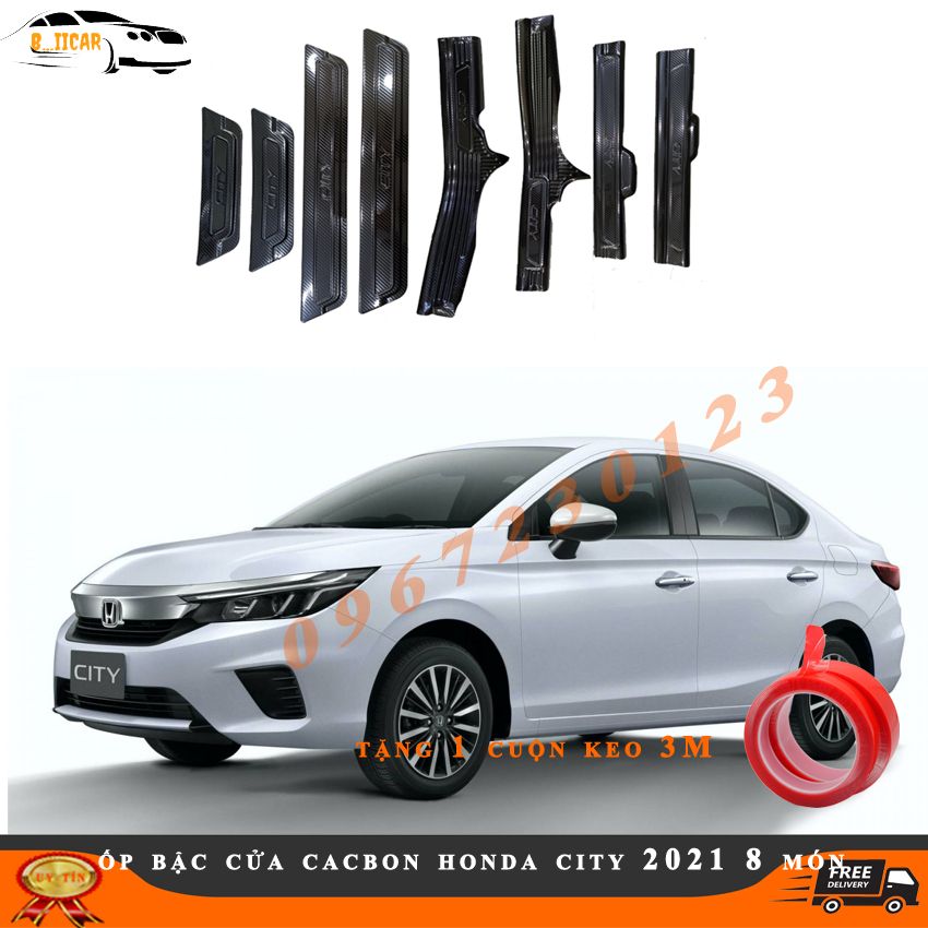 Ốp bậc cửa vân cacbon, vân titan xe Honda City 2021 tặng kèm 1 cuộn kem 3M siêu dính