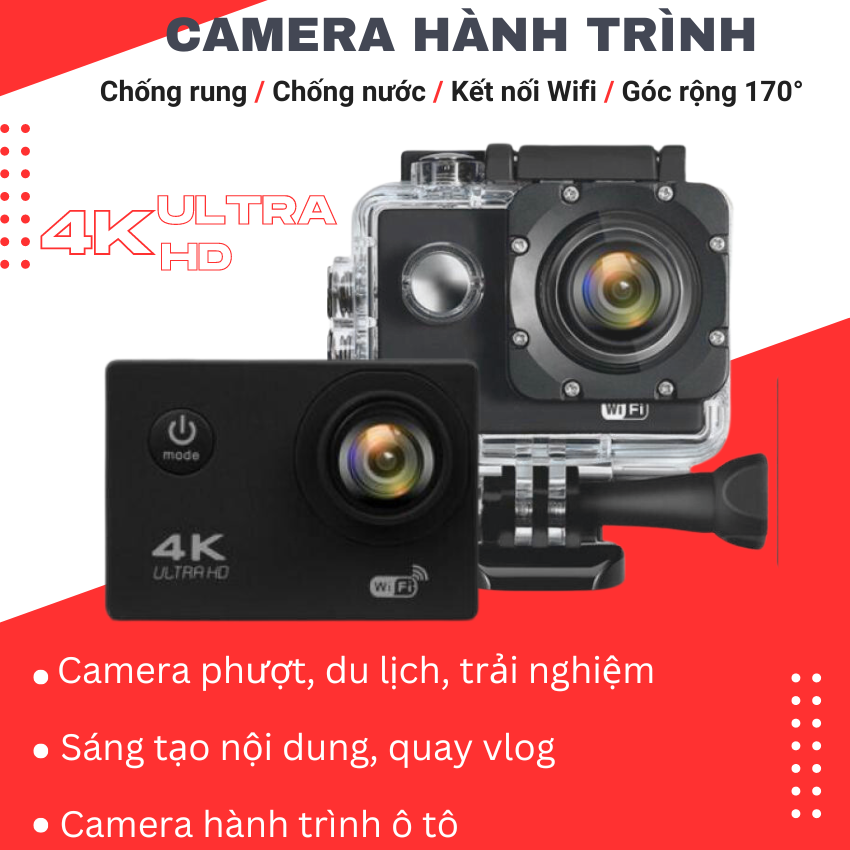 Camera hành trình chống nước chống rung 4K ULTRA HD, Camera hành trình xe máy, Camera hành trình quay góc rộng kết nối Wifi kèm thẻ nhớ