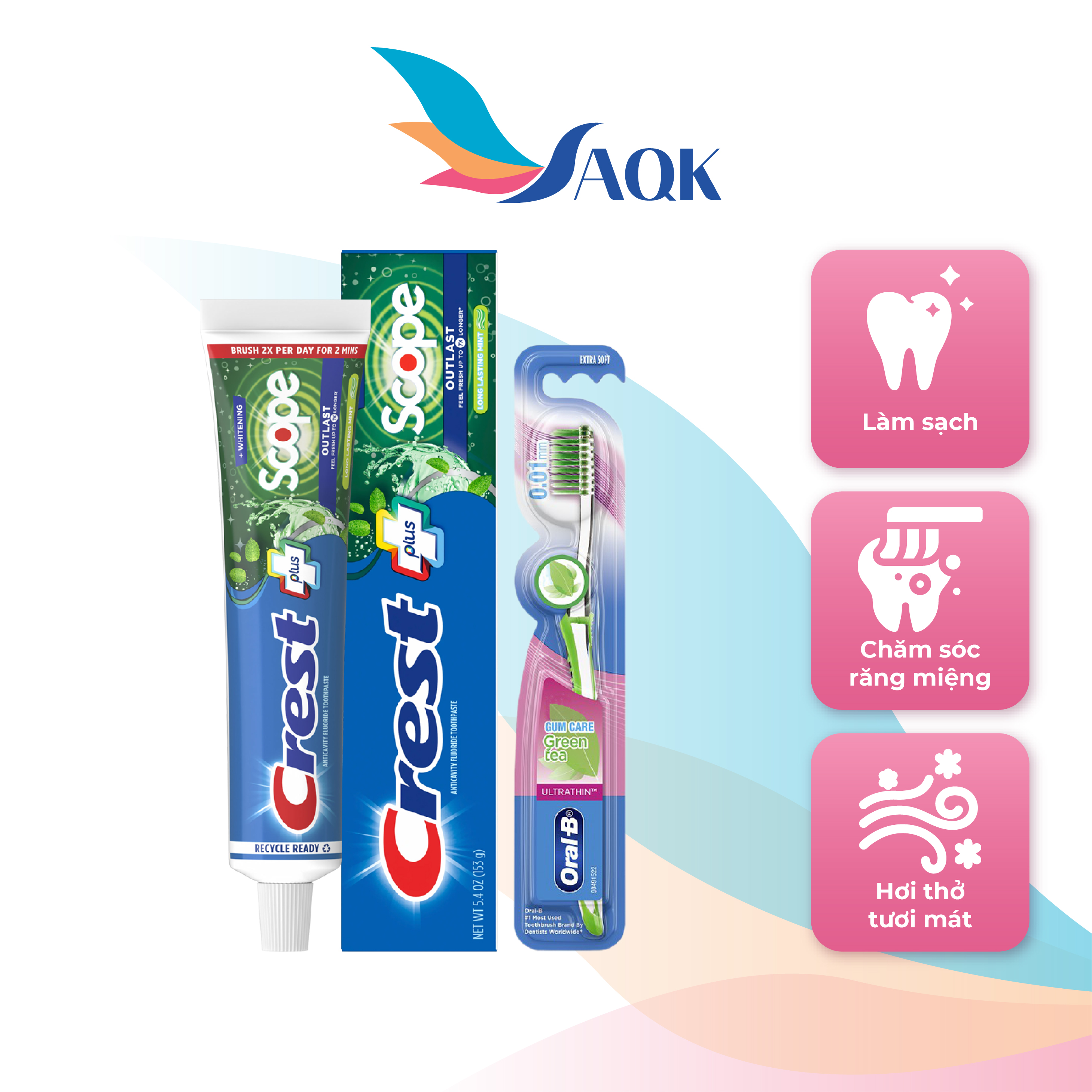 Combo Kem đánh răng Crest Plus (153g) - Scope + Bàn chải tay Oral-B Gumcare (Trà xanh) - Mang lại hơi thở thơm mát