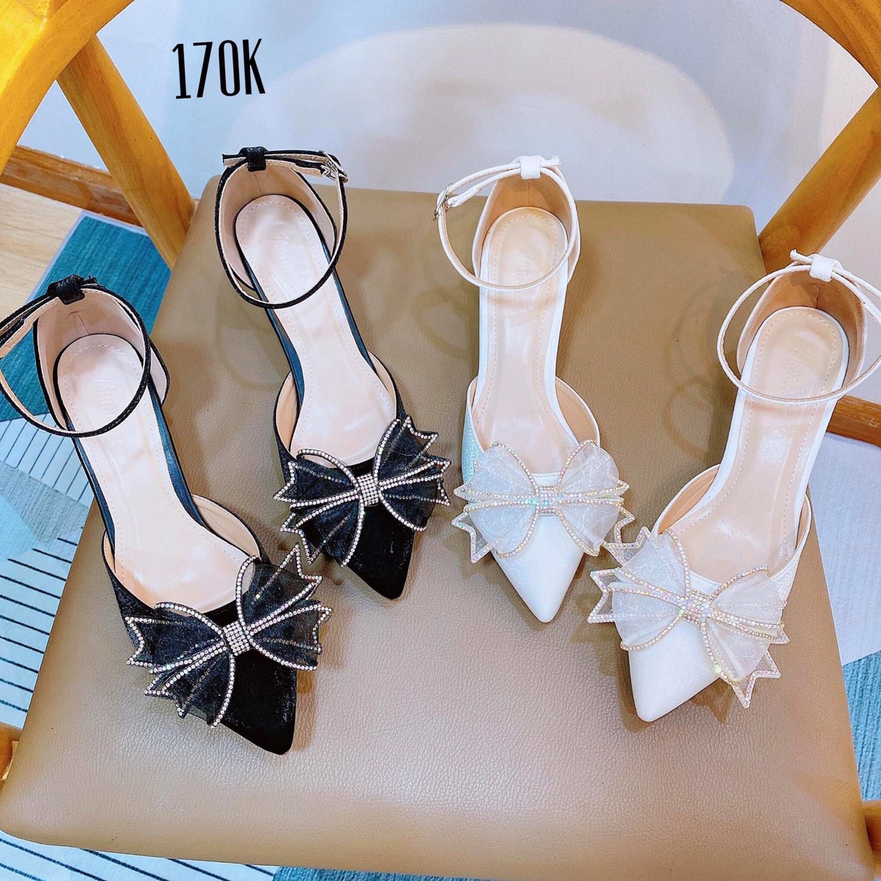 Giày cao gót 5 phân nữ đính nơ, quai hậu có khóa cài - Siêu xinh tôn dáng - Form to lùi 1 size