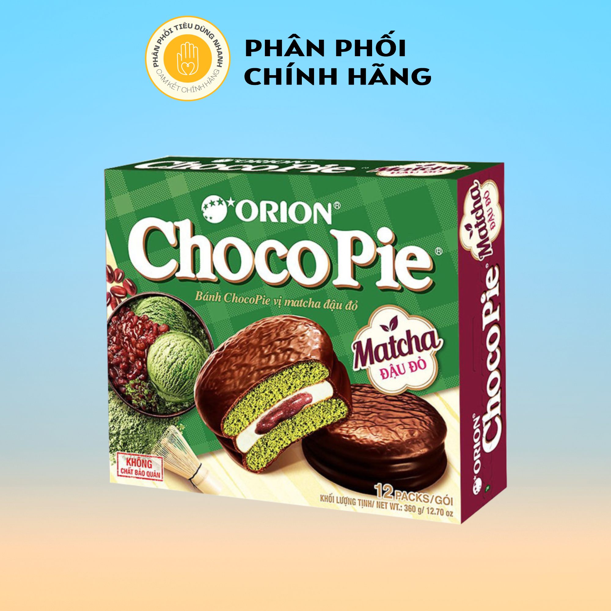 Hộp 12 Gói Bánh Ngọt Orion Chocopie 33g/gói Vị Matcha Đậu Đỏ