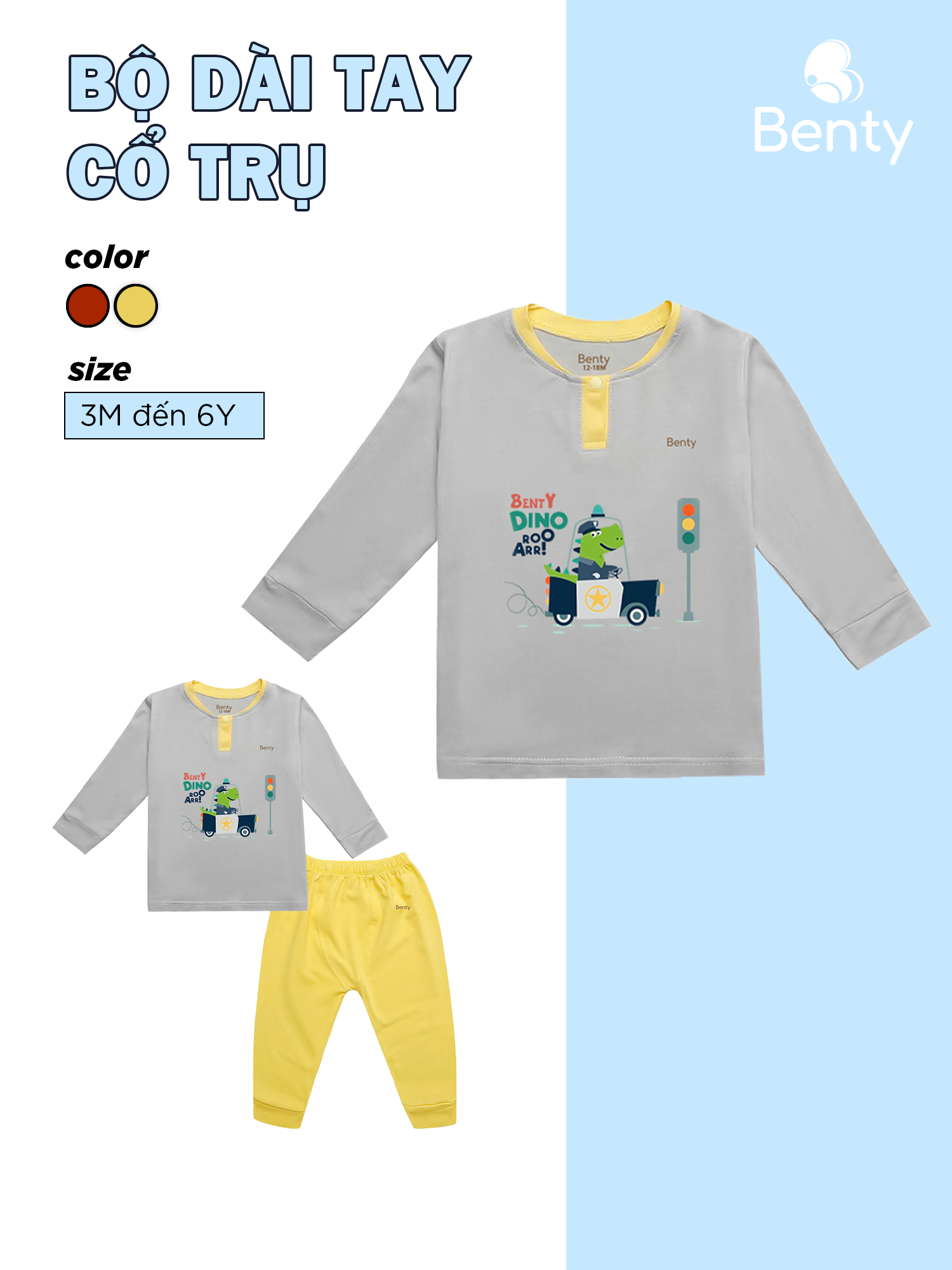  Bộ dài tay cổ trụ phối ghi xám BENTY in khủng long BT053 chất cao cấp mềm mịn kháng khuẩn 