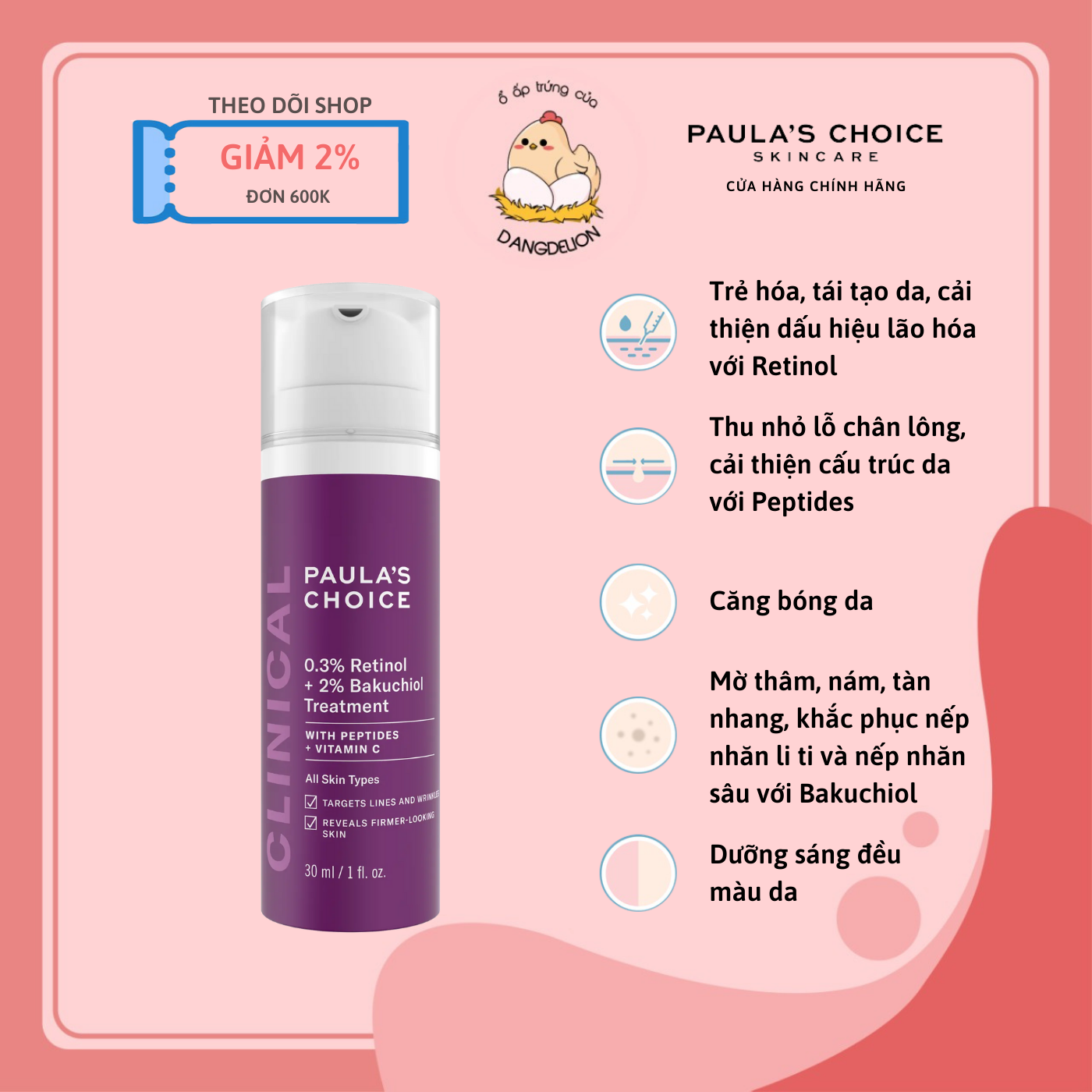 Tinh chất chống lão hóa từ Retinol và Bakuchiol Paula's Choice Clinical 0.3% Retinol + 2% Bakuchiol 30ml