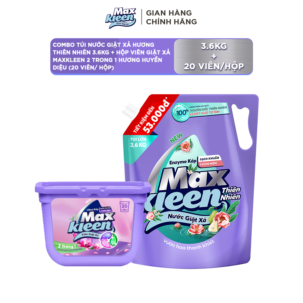 Combo Túi nước giặt xả 3.8/ 3.6kg + Hộp viên giặt xả MaxKleen hương Nước hoa Huyền diệu (20 viên/ hộp)