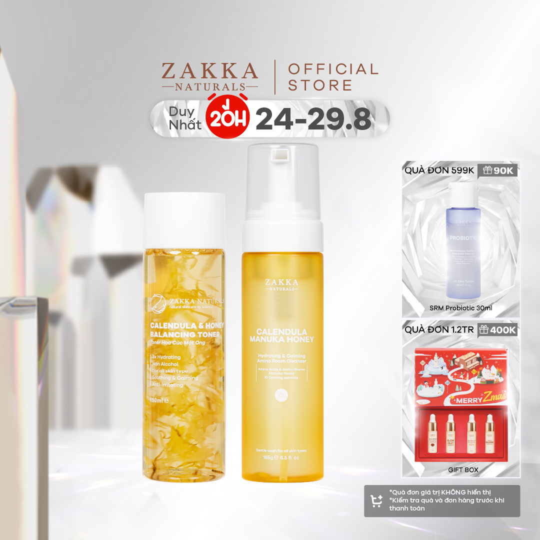 Bộ đôi hoa cúc zakka naturals calendula & honey làm sạch và cấp ẩm dịu nhẹ cho da nhạy cảm