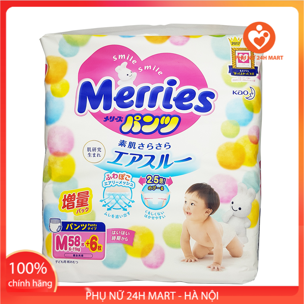 Tã quần bỉm merries size m 58+6 miếng cho bé từ 6-11kg nội địa nhật bản, bỉm merries cộng miếng, bỉm quần size m, bỉm mỏng thấm hút tốt, bỉm nhật