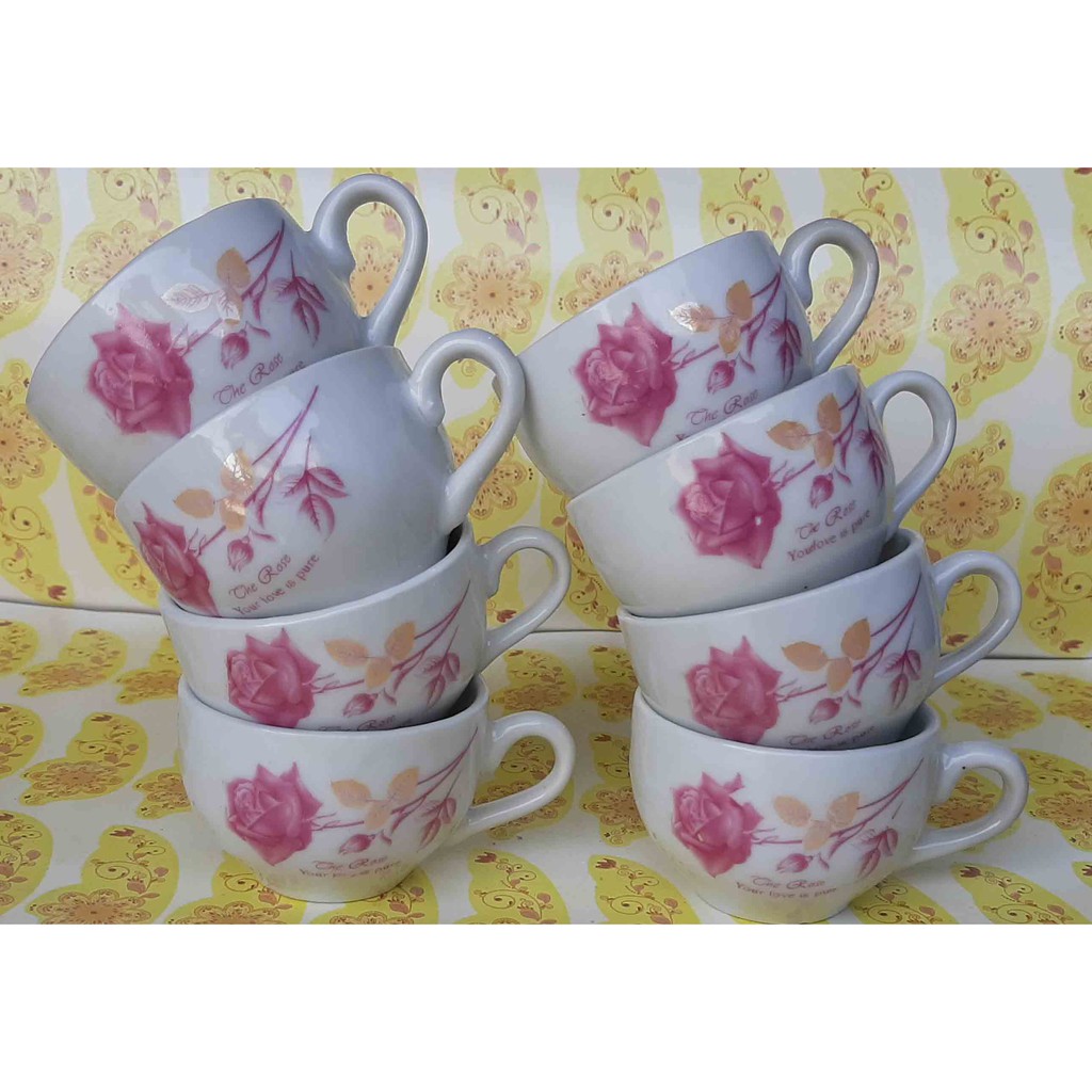 10 Chén trà (ly, tách) Hoa Hồng đỏ, hàng bình dân, giá rẻ