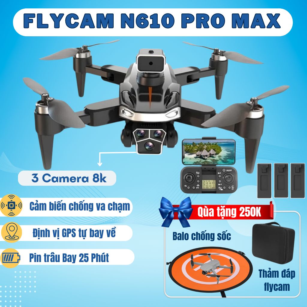 Máy Bay Flycam Camera 8k Zlife N610 Pro Max Có GPS Tự Bay Về, Cảm Biến Chống Va Đập, Động Cơ Không Chổi Than