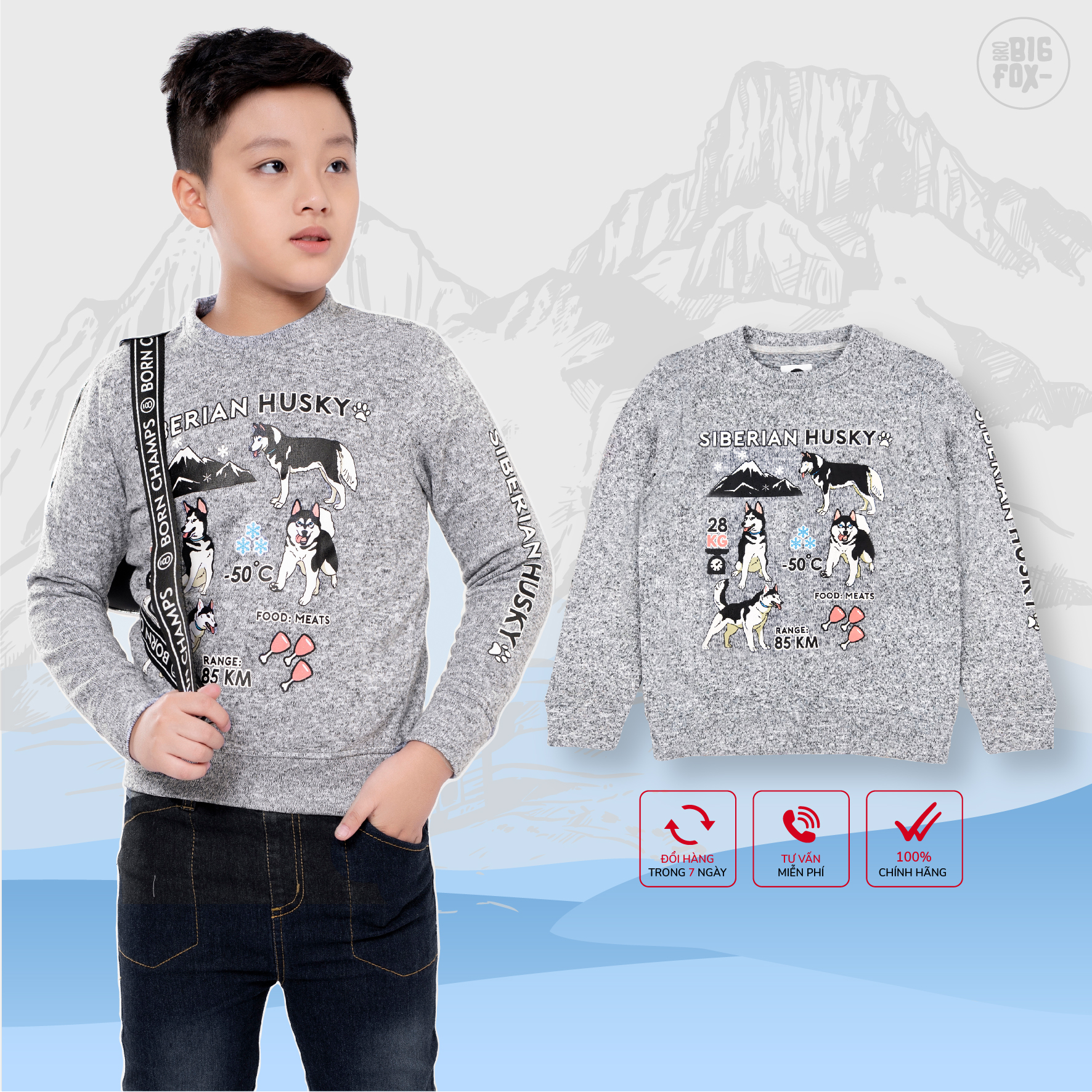 Áo Nỉ Len Dài Tay Bé Trai BigFox Missmeow Size Đại. Áo LenThu Đông Cho Bé In Husky 2-11