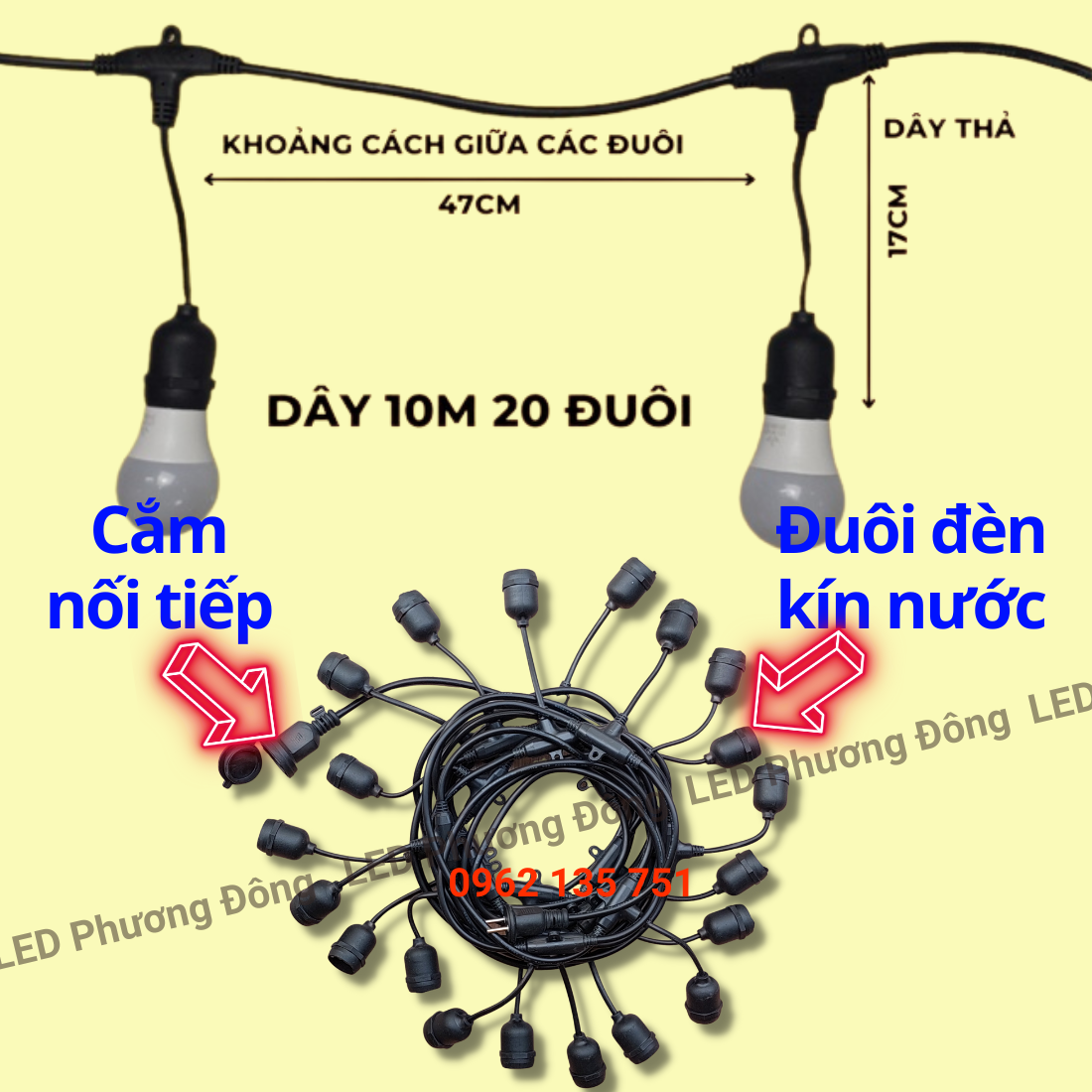 Dây đuôi đèn kín nước trang trí ngoài trời 10m - 20 đuôi